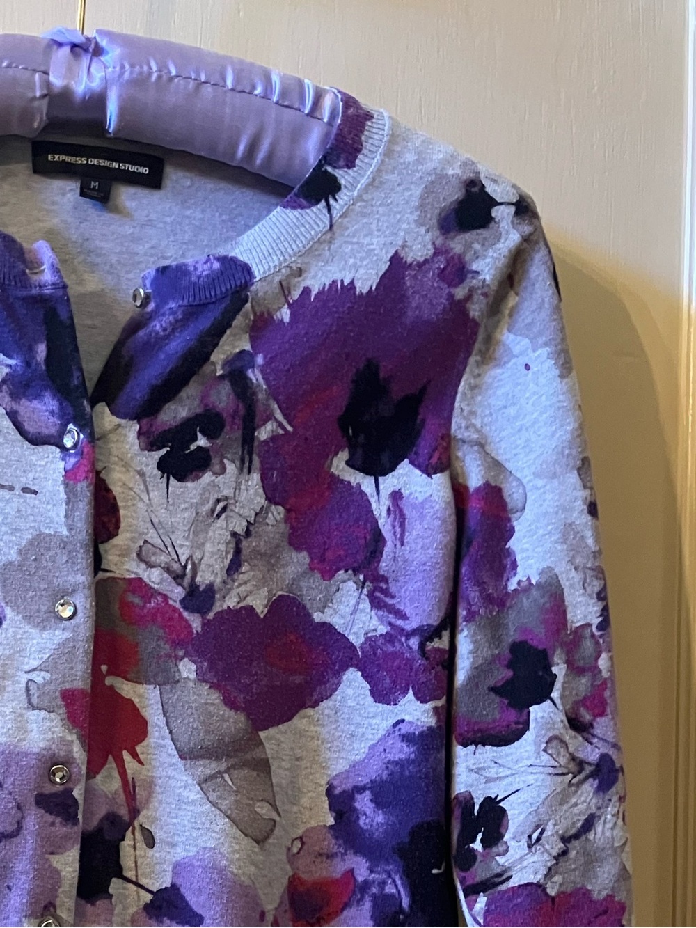 Express Purple Floral Knit Cardigan
